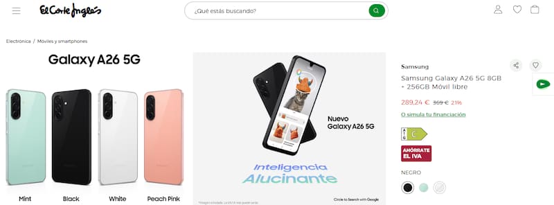 El Corte Inglés ofrece el Samsung Galaxy A26 en descuento.