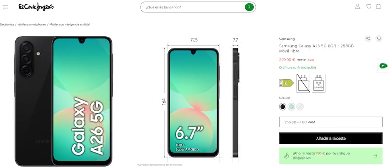 Samsung Galaxy A26 rebajado en El Corte Inglés: poderoso gama media con IA a menos de 300 euros.