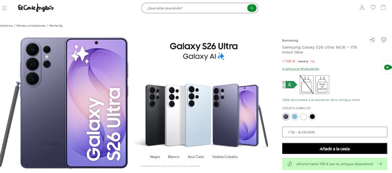 El Corte Inglés ofrece el Samsung Galaxy S26 Ultra en descuento: cuenta con última tecnología y sistema de fotografía impulsado por IA.