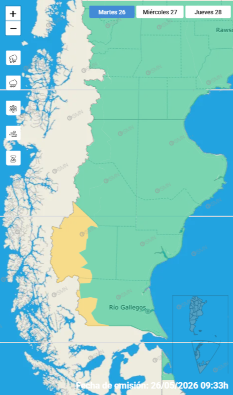 La alerta amarilla por nevada será en Santa Cruz.