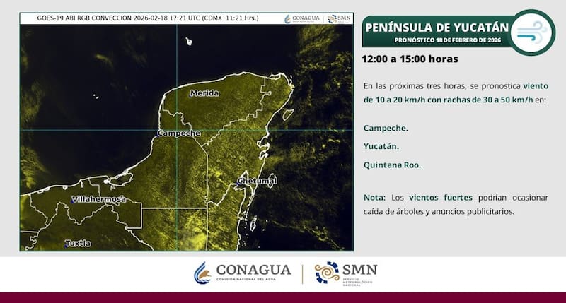 Se pronostican rachas de viento de 30 a 50 km/h en zonas de Campeche, Yucatán y QuintanaRoo.