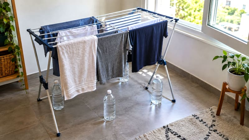 El truco consiste en utilizar botellas de plástico llenas de agua caliente como una fuente de calor debajo del tendedero.