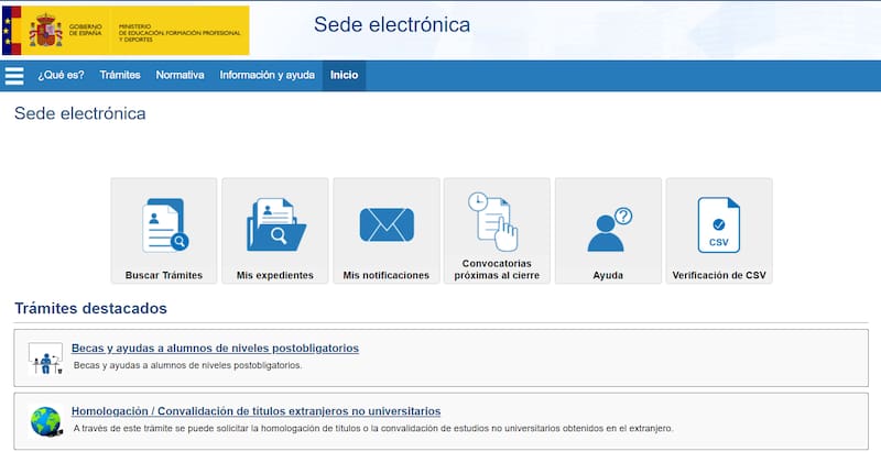 Captura del sitio web de la sede electrónica del Ministerio de Educación.