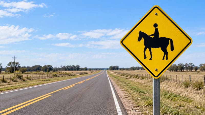 Señal de tránsito de Jinetes sobre la calzada de una ruta.