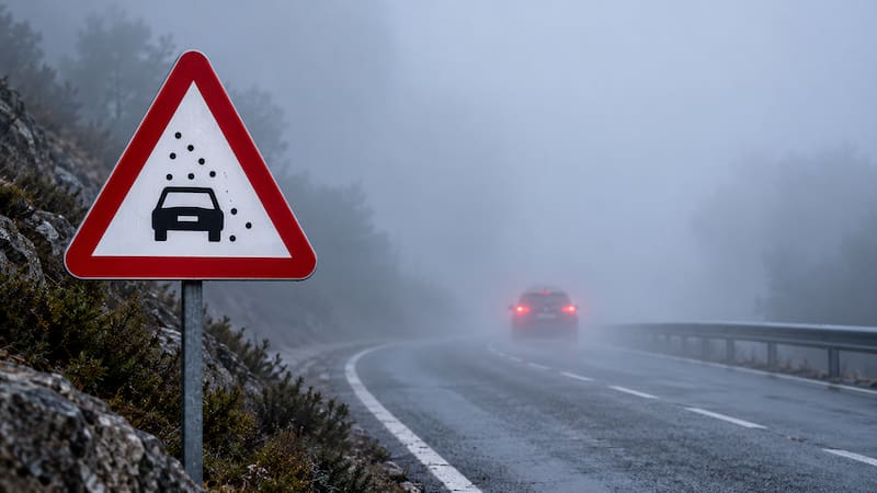 La señal P-33 de la DGT advierte del peligro por visibilidad reducida debido a niebla, lluvia intensa, nieve o humo, condiciones que dificultan la circulación y aumentan el riesgo de accidente en carretera.