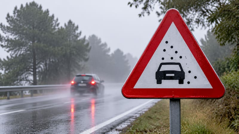 La señal P-33 de la DGT advierte del peligro por visibilidad reducida debido a niebla, lluvia intensa, nieve o humo, condiciones que dificultan la circulación y aumentan el riesgo de accidente en carretera.