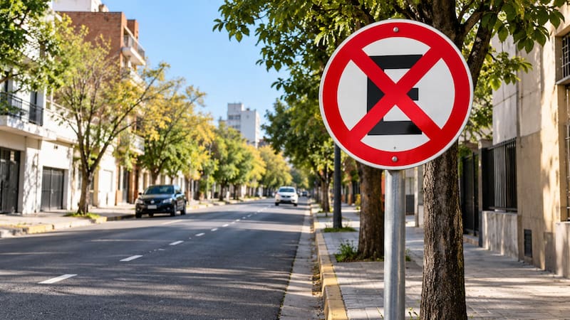 Señal de Tránsito de "Prohibido estacionar ni detenerse" en la calle.