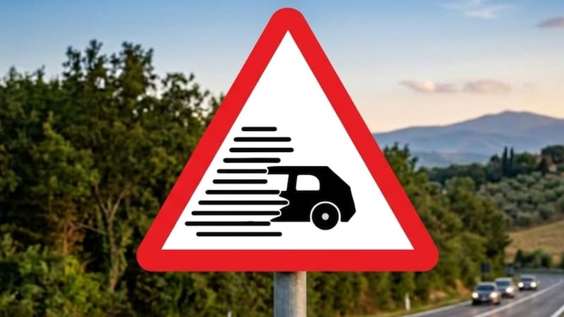 Qué significa la señal de tránsito triangular con borde rojo, un auto a la mitad y muchas líneas horizontales.