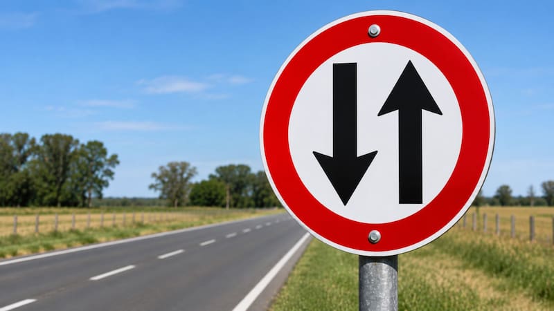 Señal de tránsito de doble circulación en la ruta.