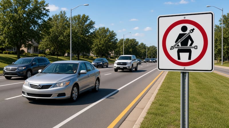 Imagen de autopista con la señalización del uso obligatorio del cinturón de seguridad.