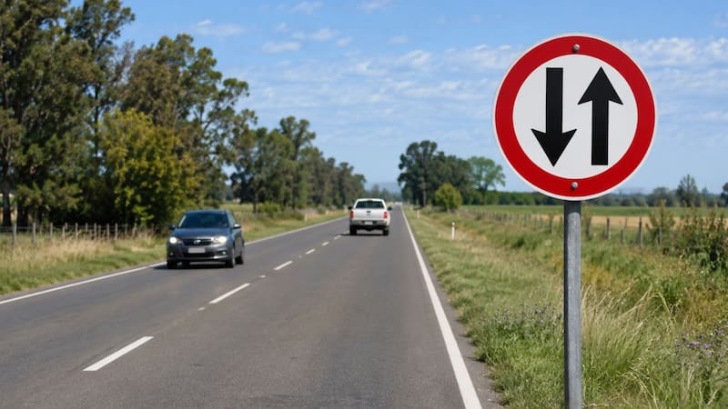 Señal de tránsito en la ruta con dos autos en diferentes direcciones.