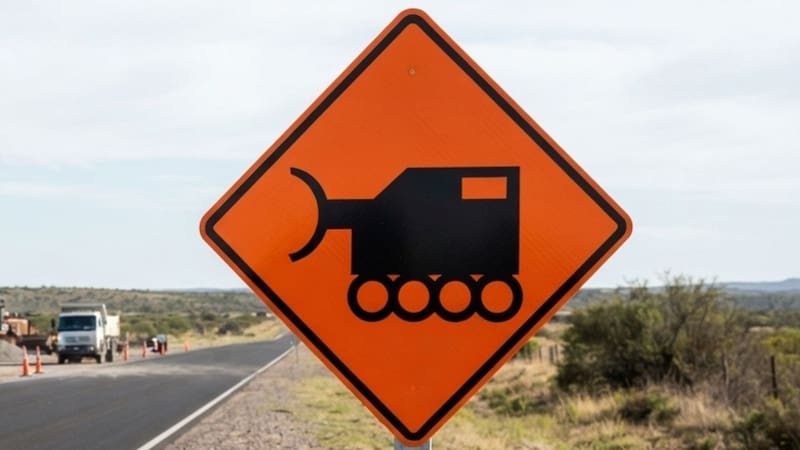 Qué significa la señal de tránsito naranja con un auto en el centro y dos líneas abajo.