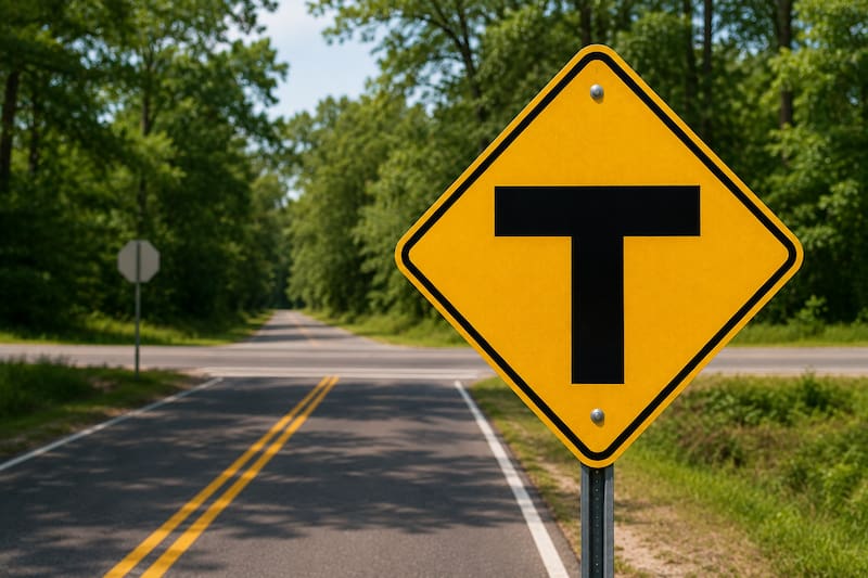 La señal amarilla con una "T" negra avisa que la vía por la que se circula termina en una intersección en T.