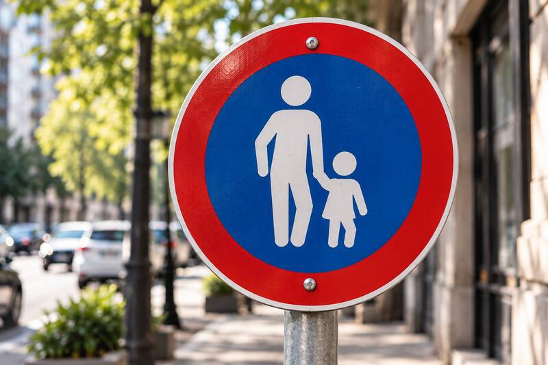 ¿Qué significa la señal de tránsito con un adulto y un niño caminando de la mano sobre un fondo azul con borde rojo?