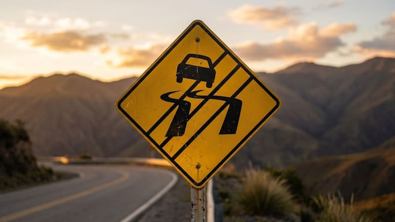 Qué significa la señal de tránsito con un auto, dos líneas torcidas y tres líneas en diagonal.
