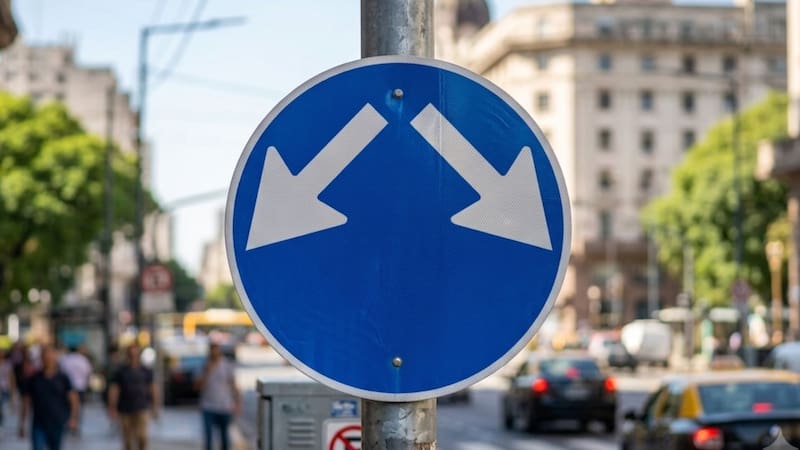 Qué significa la señal de tránsito redonda con fondo azul y dos flechas blancas que apuntan a direcciones opuestas. (Imagen ilustrativa)