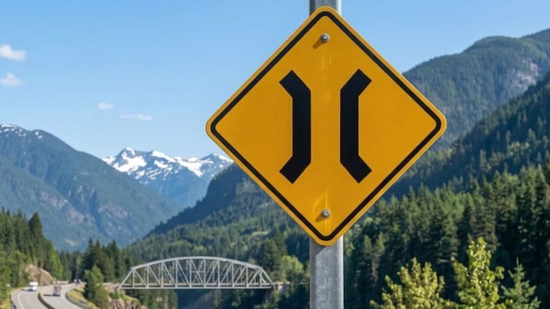 Este cartel preventivo advierte sobre un cambio crítico en la geometría de la calzada que obliga a modificar la conducción en rutas y accesos del país.
