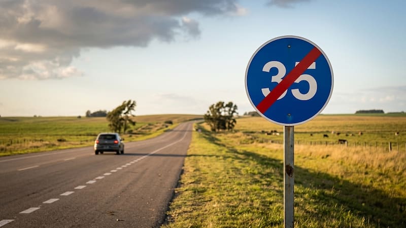 Qué significa la señal de tránsito con fondo azul y el número 35 tachado.