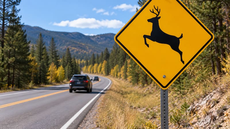 La señal amarilla con un ciervo advierte sobre la posibilidad de que estos animales crucen la carretera.