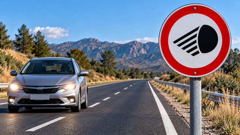 Auto circulando en la ruta y una señal de luces bajas prendidas.