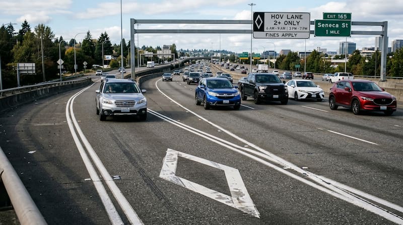 La señal identifica los carriles HOV, una modalidad que busca fomentar los viajes compartidos.