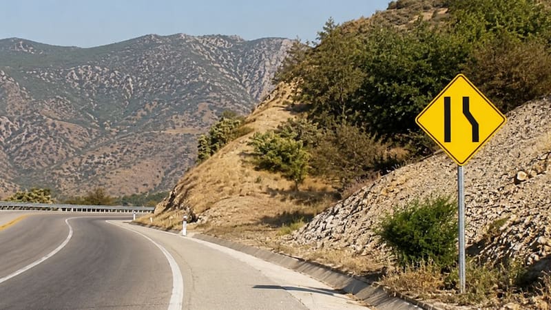 Señal de tránsito que muestra un camino que se angosta de un solo lado sobre un rombo amarillo