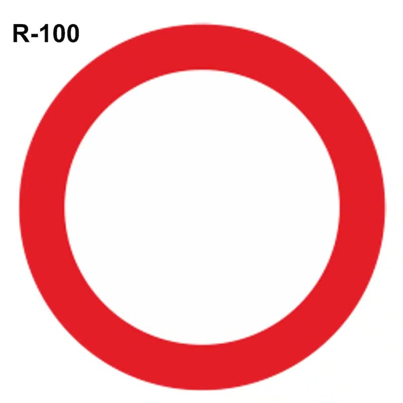 La señal R-100 prohíbe por completo la circulación de vehículos en ambos sentidos de la vía.