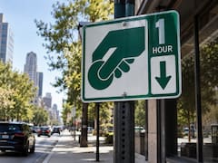 Qué significa la señal de tráfico verde con una mano que sostiene una moneda acompañada de una flecha hacia abajo y “1 HOUR”