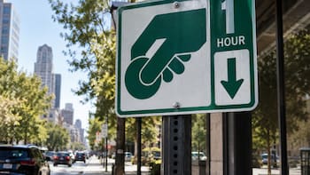 Qué significa la señal de tráfico verde con una mano que sostiene una moneda acompañada de una flecha hacia abajo y “1 HOUR”