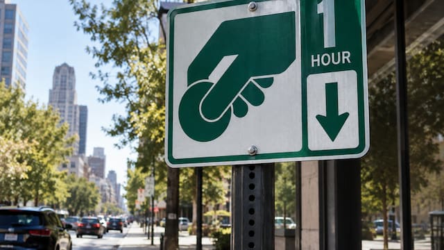 Qué significa la señal de tráfico verde con una mano que sostiene una moneda acompañada de una flecha hacia abajo y “1 HOUR”