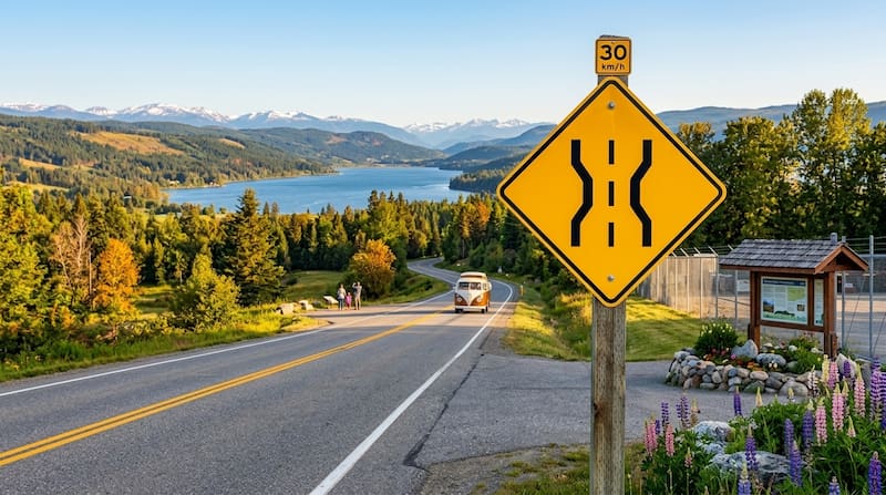 En algunos casos, la señal Road Narrows aparece acompañada de una indicación de velocidad recomendada como 30km/h