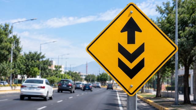 Qué significa la señal de tránsito con una flecha señalando hacia arriba y dos mirando hacia abajo