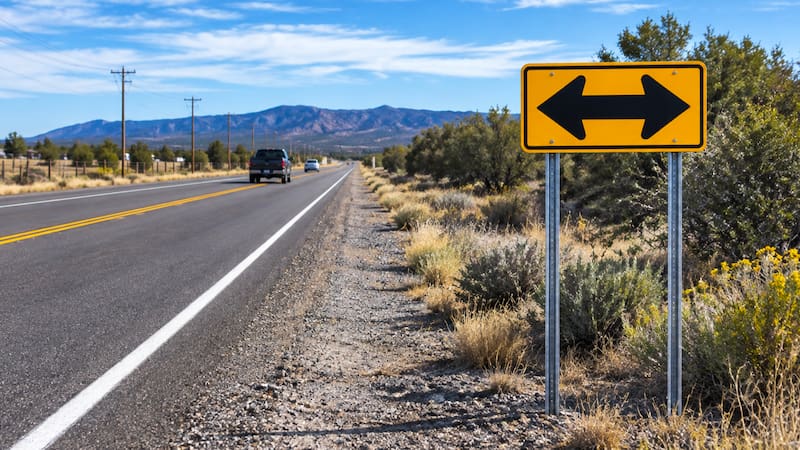 La señal de doble fecha grande negra sobre fondo amarillo es identificada en el Manual sobre dispositivos uniformes de control de tráfico (MUTCD) del Departamento de Transporte (DoT) con el código W1-7.
