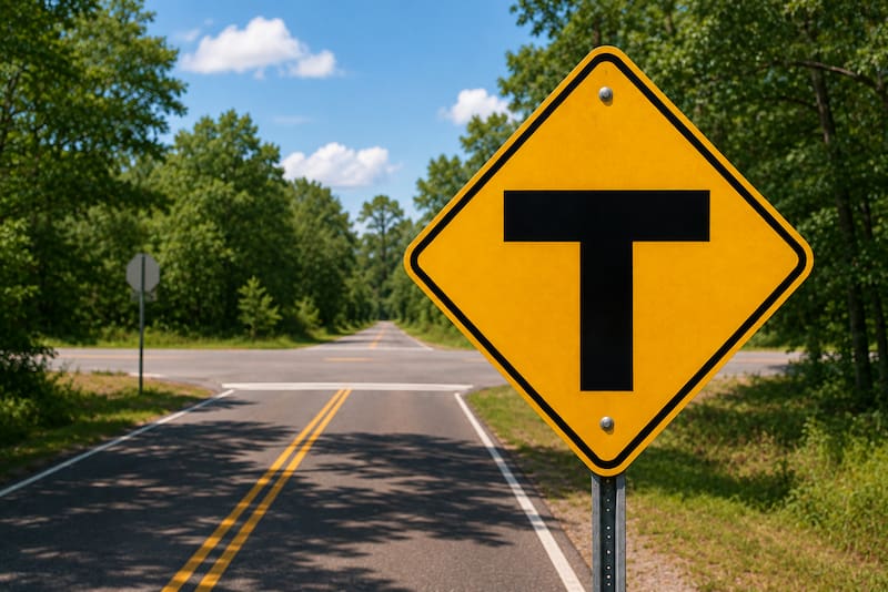 La señal de tránsito amarilla con una letra “T” negra advierte que el conductor se aproxima a una intersección en forma de T.