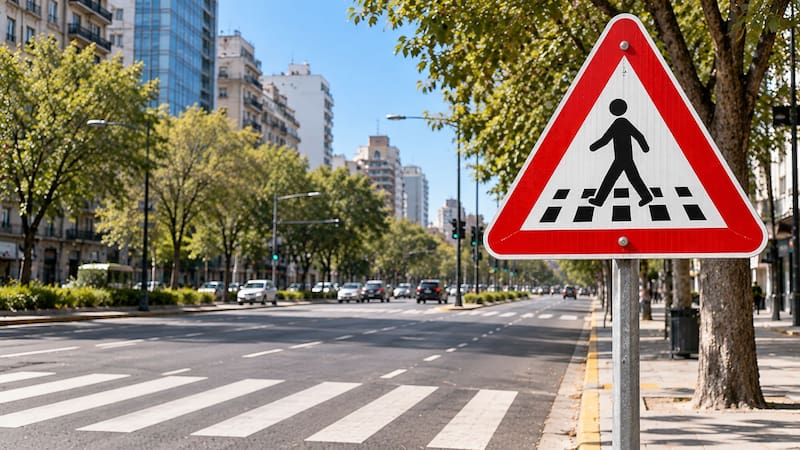 Señal de tránsito de cruce de peatones en una avenida.