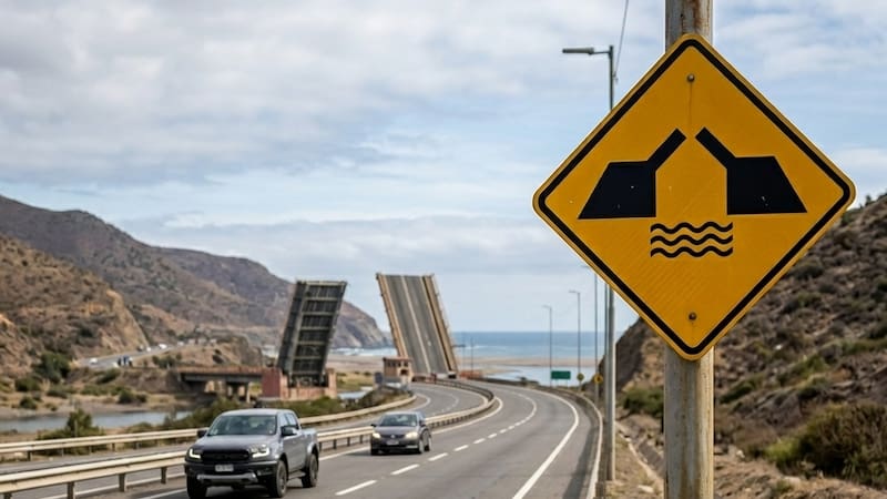 Qué significa la señal de tránsito con un rombo amarillo, dos rampas inclinadas y ondas de agua debajo.