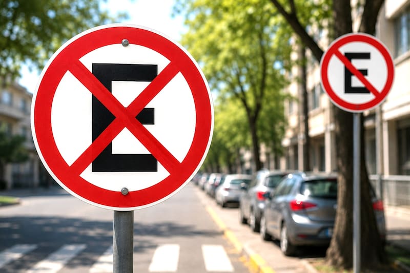 La señal con una E atravesada por dos franjas rojas diagonales indica que está prohibido detenerse y estacionar. (Imagen ilustrativa creada con IA)
