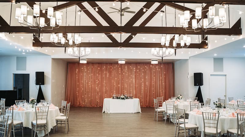 A beautifully decorated venue interior for a wedding