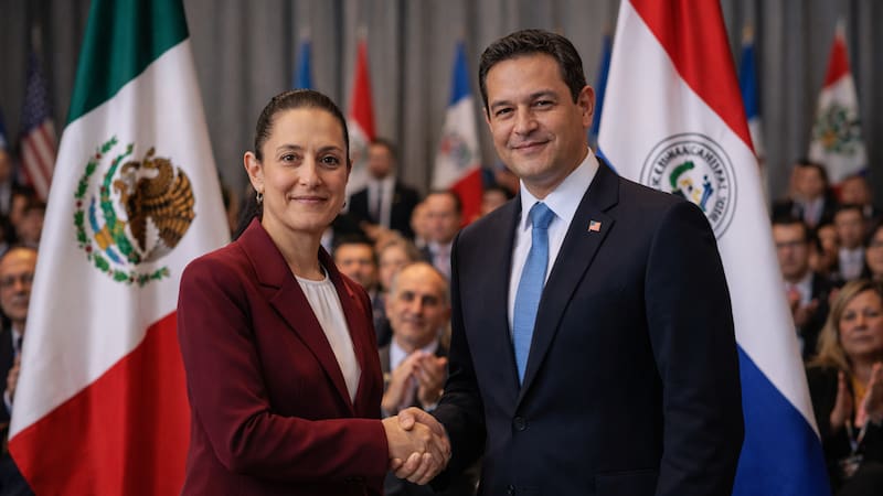 La presidenta Claudia Sheinbaum, junto a su homólogo de Paraguay, Santiago Peña Palacios. Representación creada por IA.