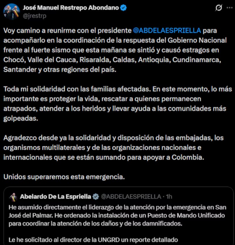 Abelardo De La Espriella se pronunció tras el fuerte sismo y confirmó nuevas medidas para coordinar la atención de la emergencia en las zonas afectadas.