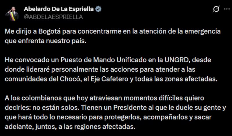 Abelardo De La Espriella se pronunció tras el fuerte sismo y confirmó nuevas medidas para coordinar la atención de la emergencia en las zonas afectadas.