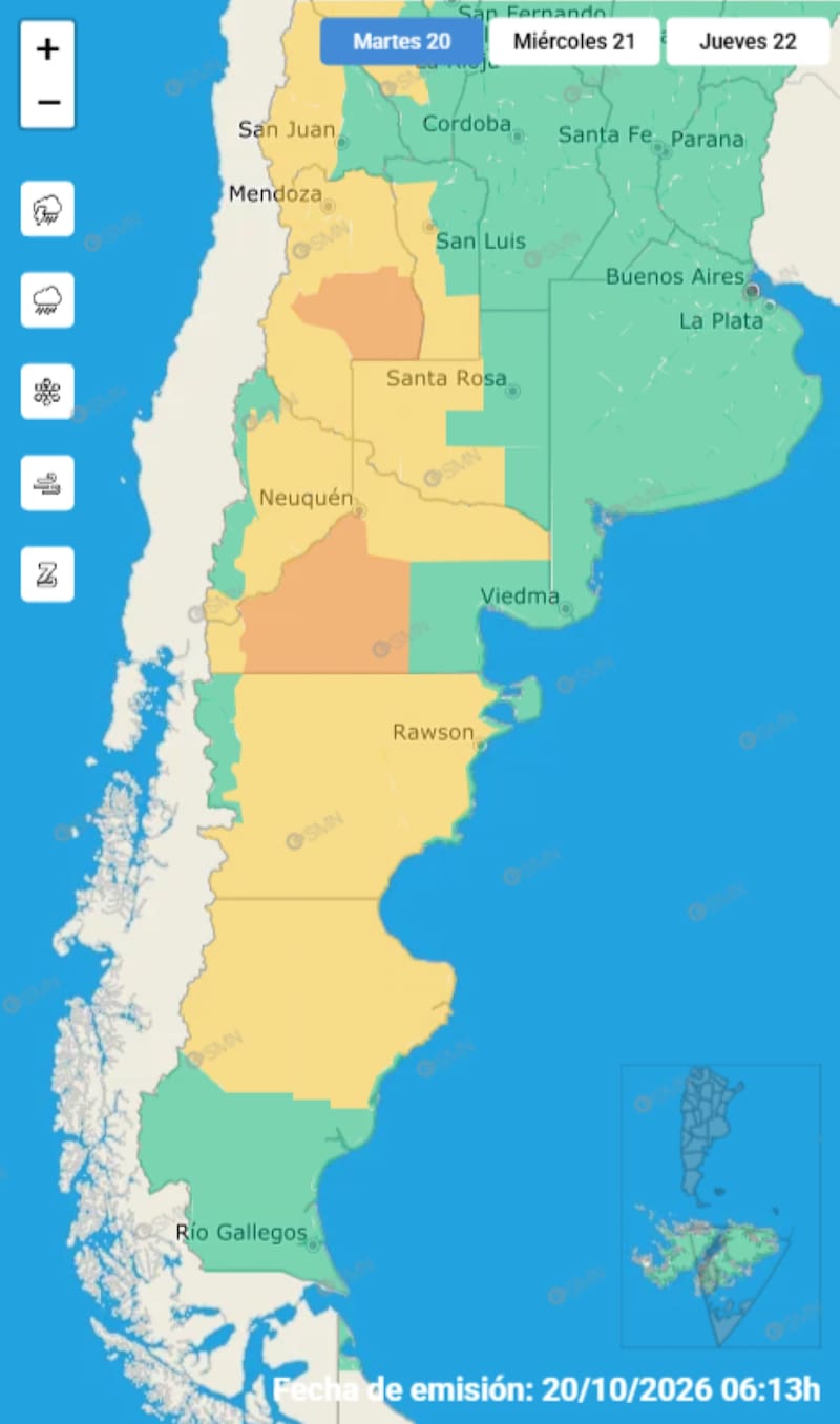 El mapa de alertas amarilla y naranja que mantiene actualizado el SMN para el martes 20 de octubre. (Foto: SMN)