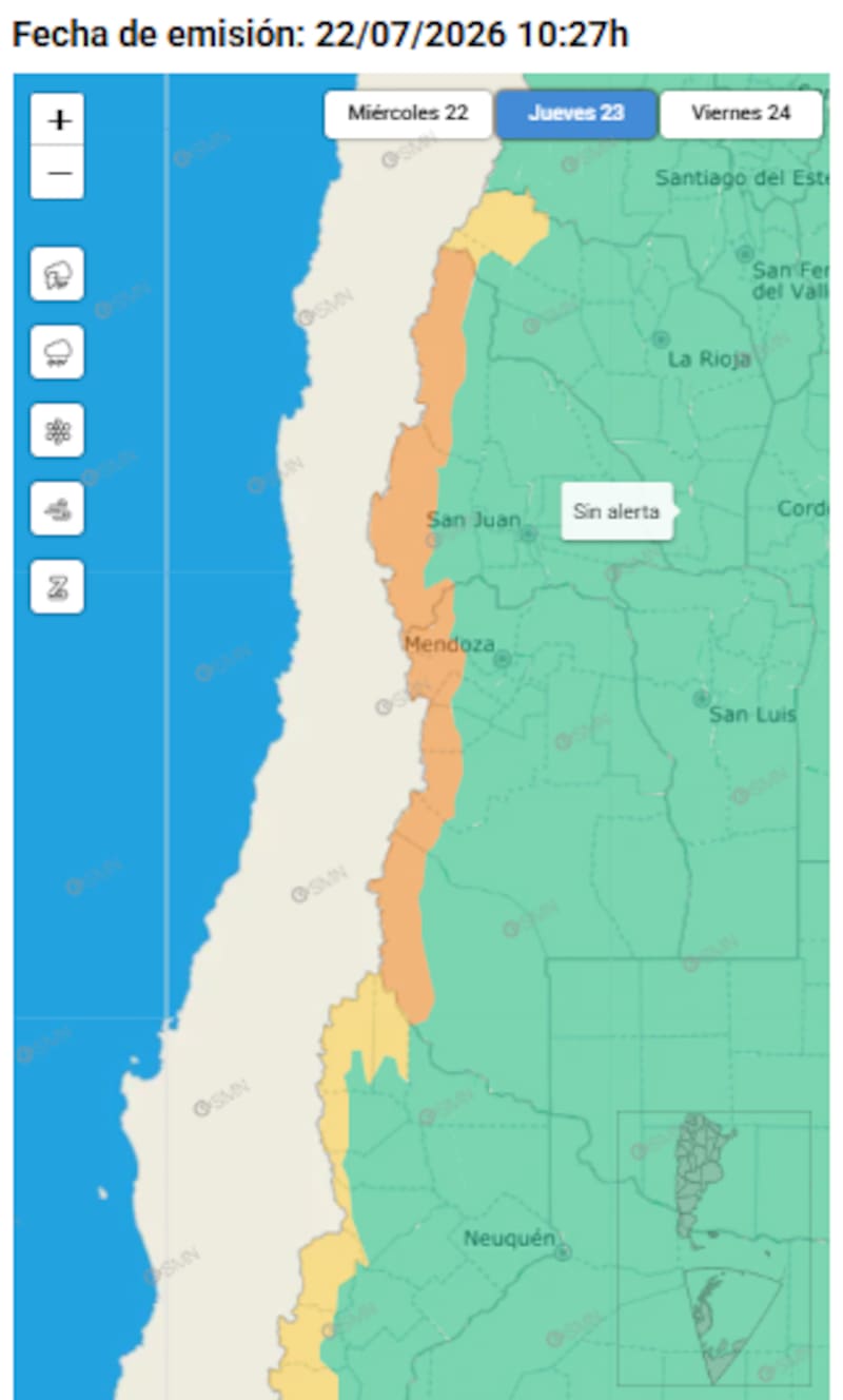 Según el informe oficial, el fenómeno se extenderá este jueves 23 de julio y afectará principalmente a la cordillera y precordillera.