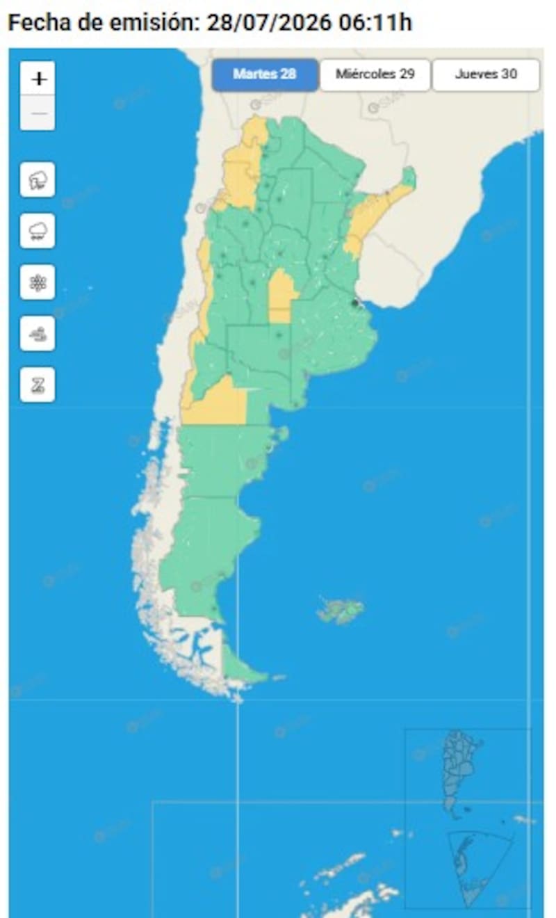 Las alertas amarillas que emitió el Servicio Meteorológico Nacional.