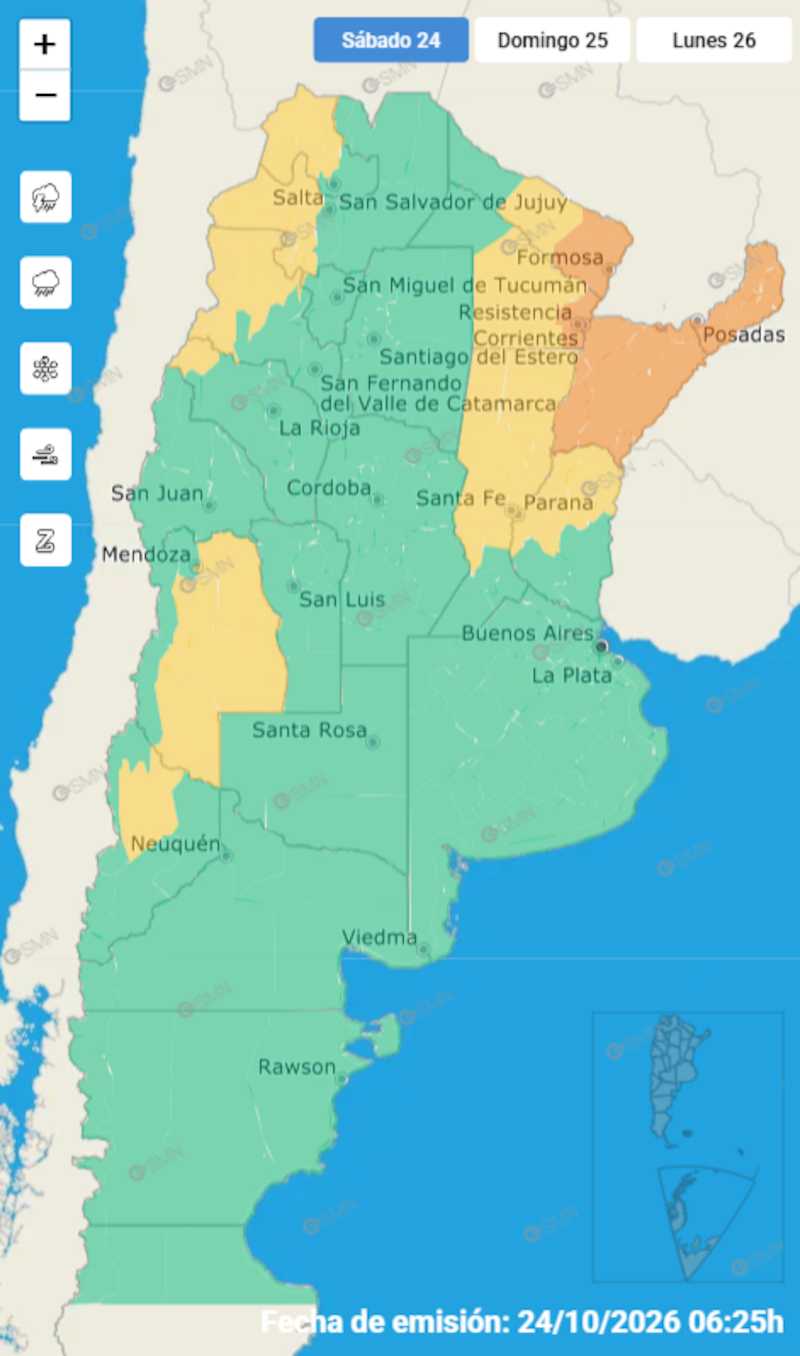 Mapa de alertas del sábado 24 de octubre, según el SMN.