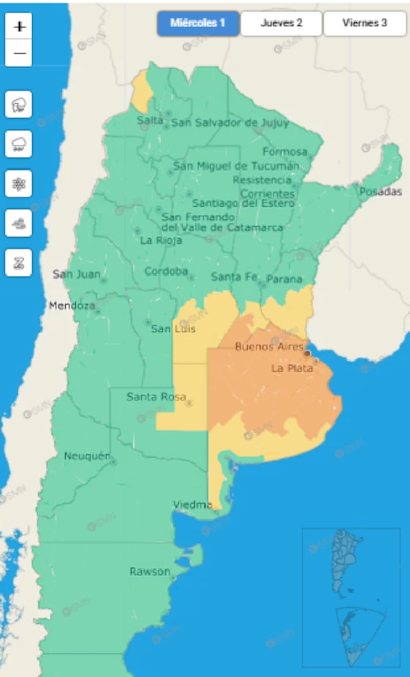 El Servicio Meteorológico advirtió de alertas naranjas y amarillas en gran parte de la Provincia de Buenos Aires. Foto (SMN)