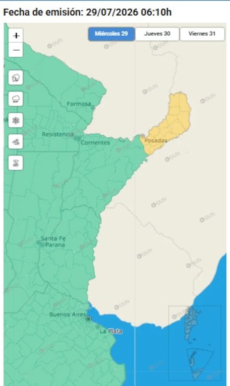 Según el último informe del Servicio Meteorológico Nacional, la provincia de Misiones presenta un alerta amarilla por fuertes tormentas este miércoles 29 de julio.