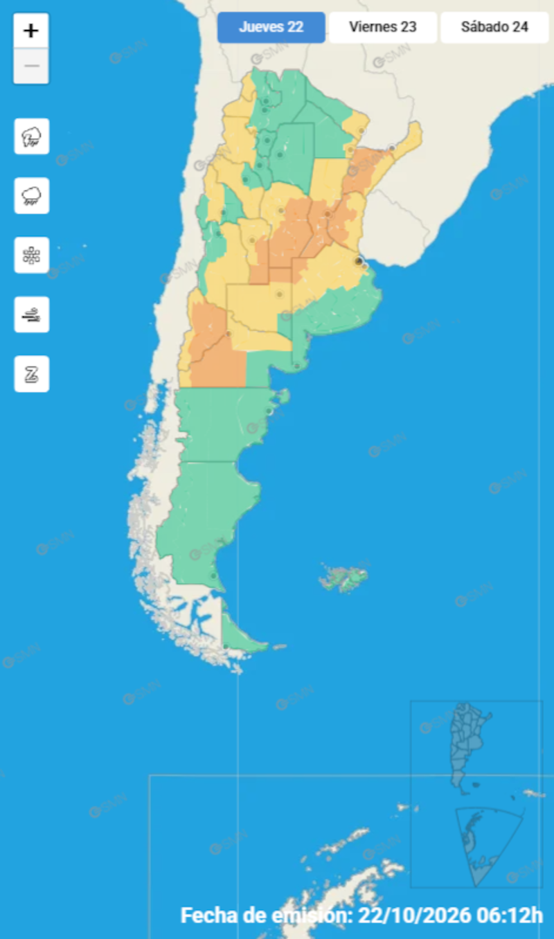 Todas las alertas del Servicio Meteorológico Nacional para este jueves 22 de octubre.