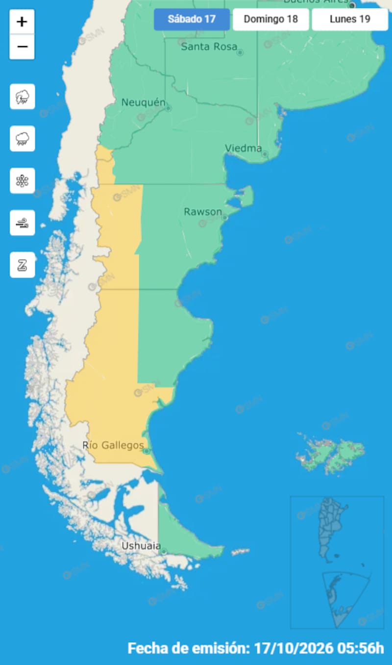El SMN emitió alertas amarillas por tormentas en 4 provincias de la Patagonia.