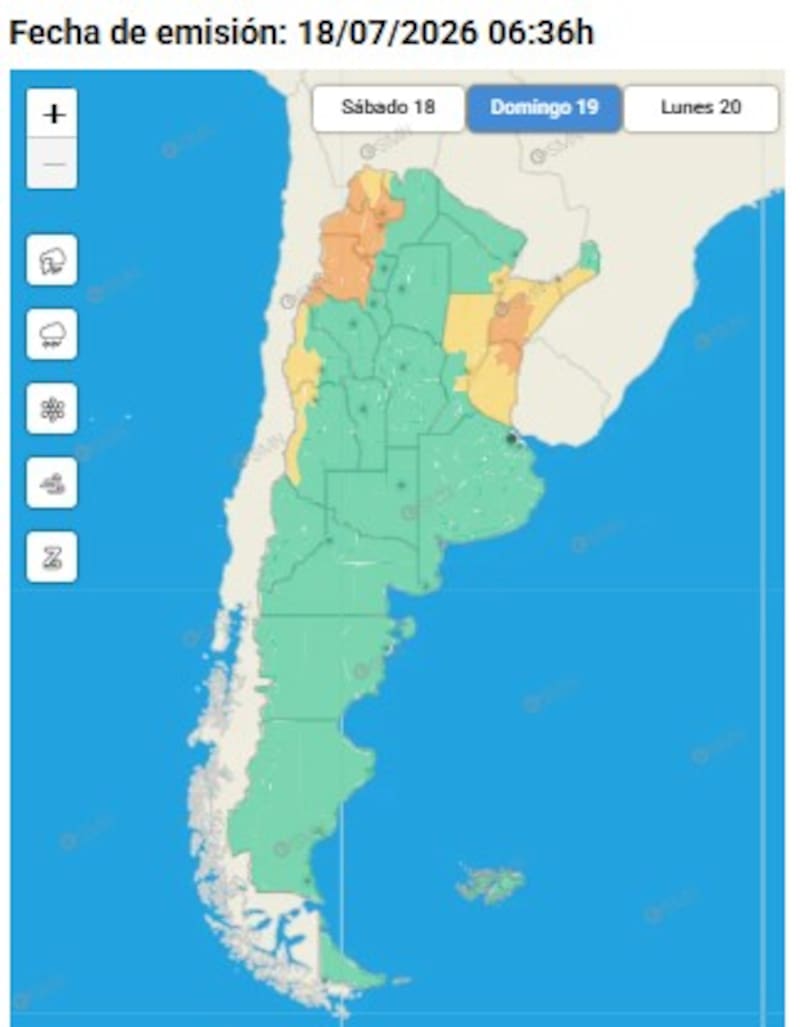 Los alertar amarillos y naranjas de este domingo, según el SMN.